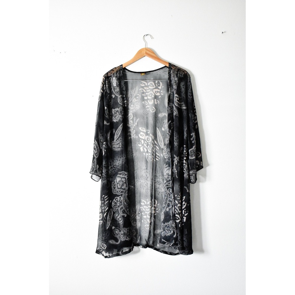 24/7 Comfort Duster Cardigan Womens 1X Black‎ Grey Modern Paisley Sheer Kimono